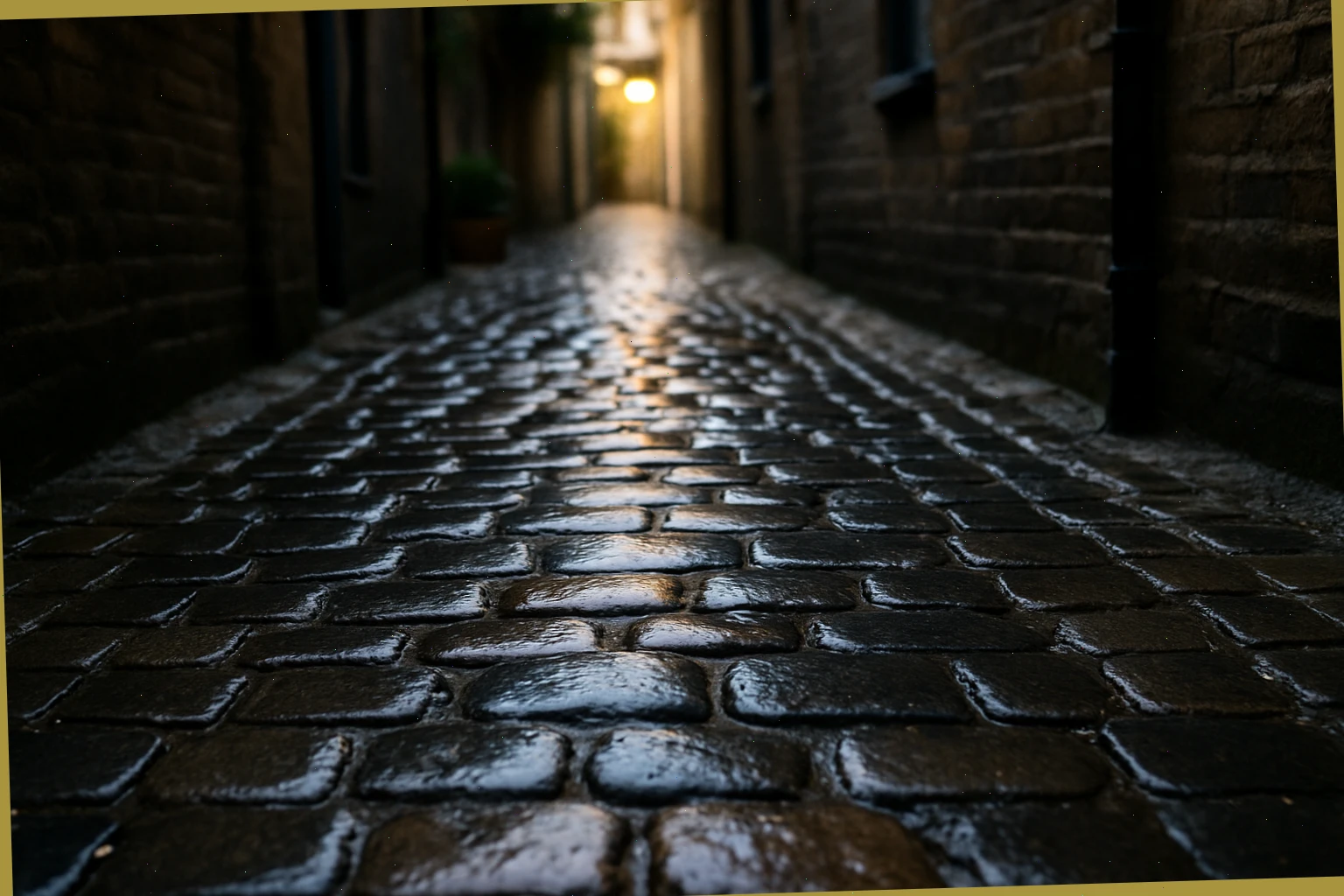 Shiny cobbles after light rain in a passage
