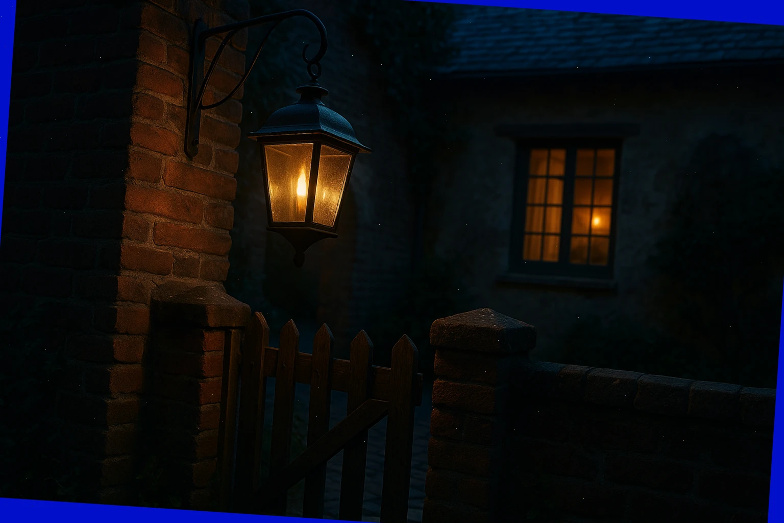 Lantern glowing by a small gate into a courtyard