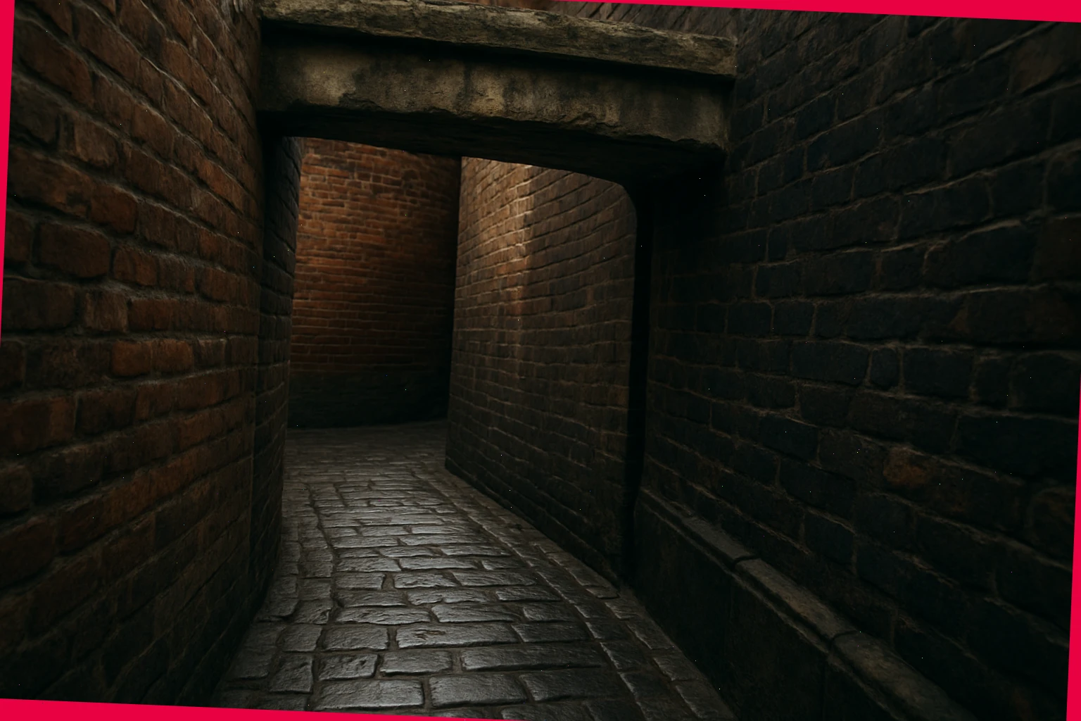 Corner turn along a paved passage with low lintel